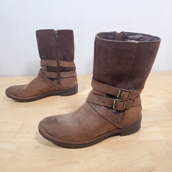 Ugg Lorna Boots Brown Women's Sz 8 Waterproof Biker Bootie Leather Riding-Snow - Picture 4 of 13